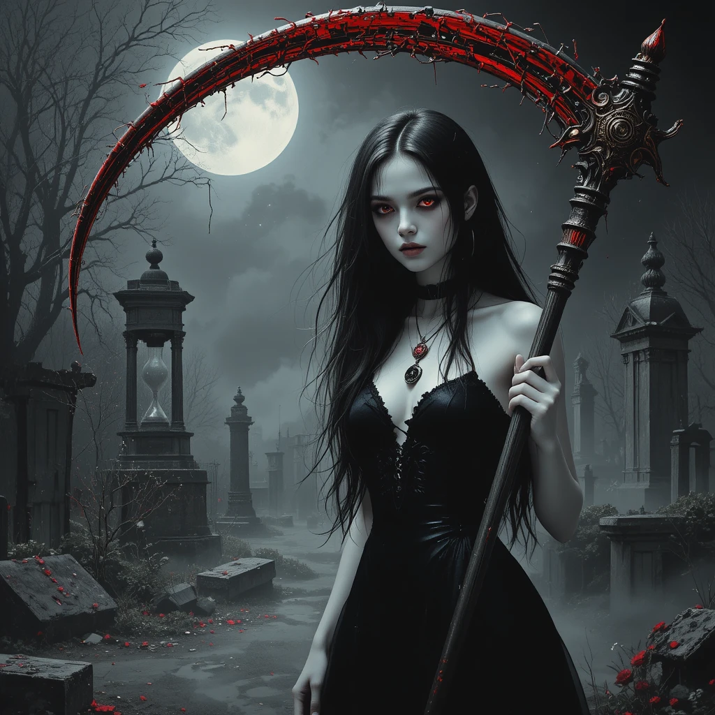 Donna gotica con falce in un cimitero sotto la luna piena