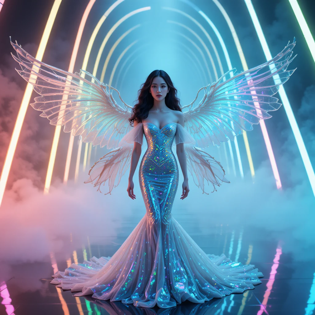 Modella coreana eterea in couture da sirena iridescente