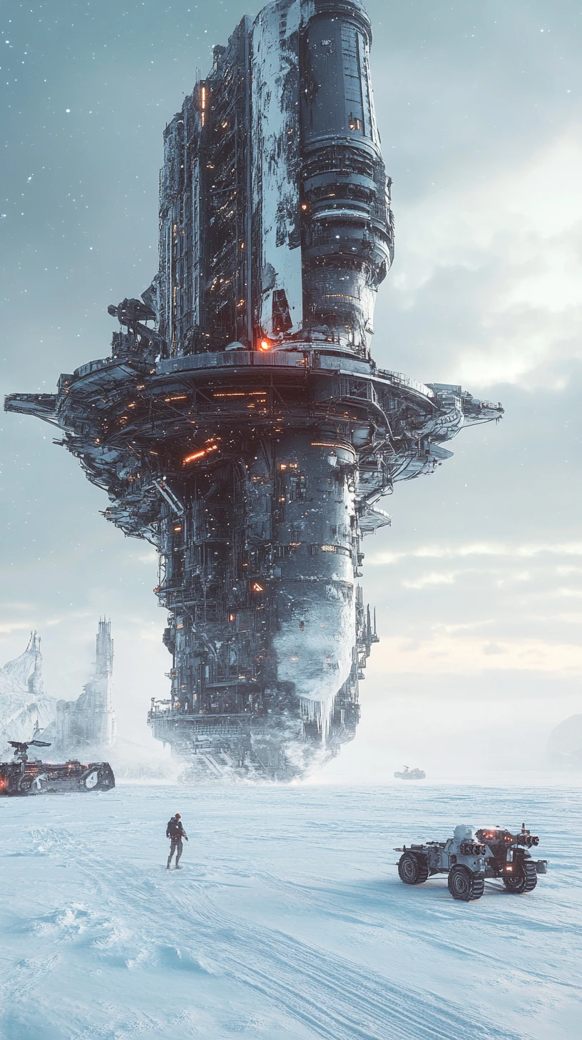 Géant vaisseau spatial de science-fiction se posant sur une plaine enneigée infinie