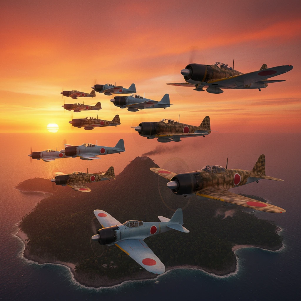Aerei da caccia della Seconda guerra mondiale sopra un tramonto luminoso su un’isola del Pacifico