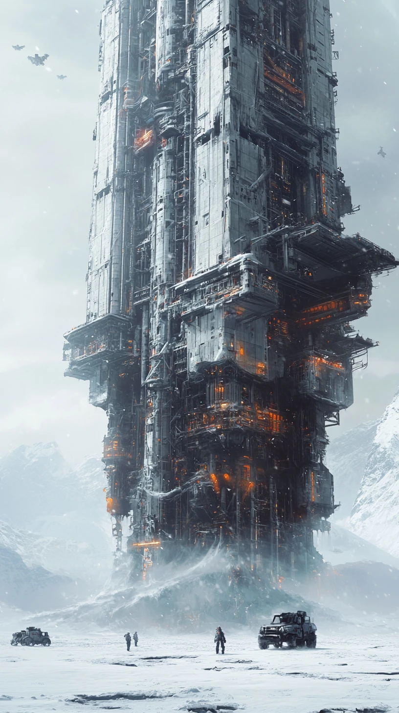 Enorme astronave sci-fi su paesaggio innevato e ghiacciato