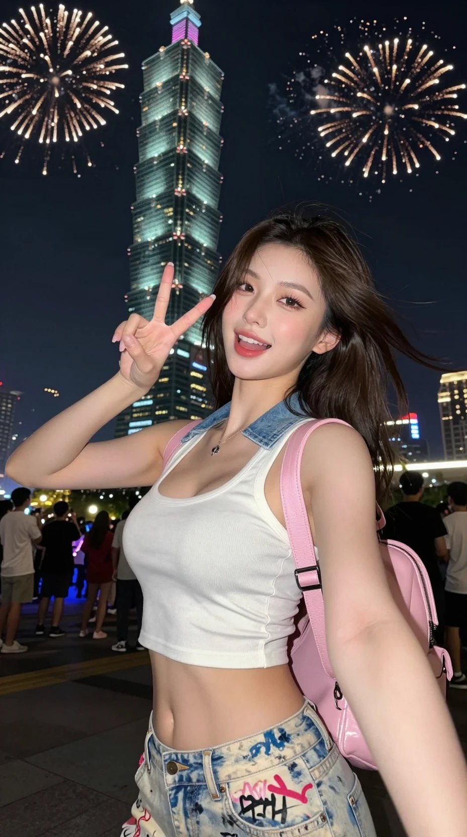 Mulher coreana alegre tirando selfies com o skyline de Taipei ao fundo