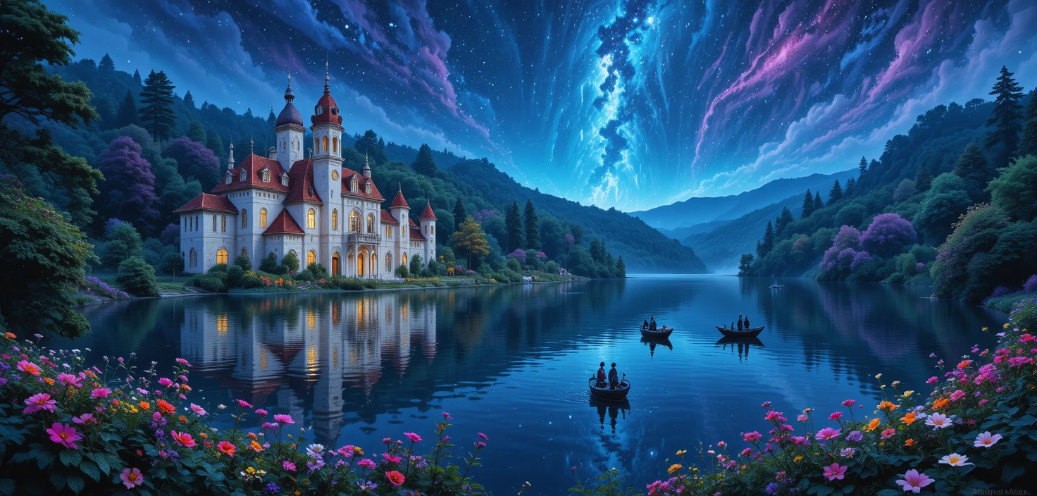 Colina palaciana fantástica sobre um lago estrelado e reflexivo