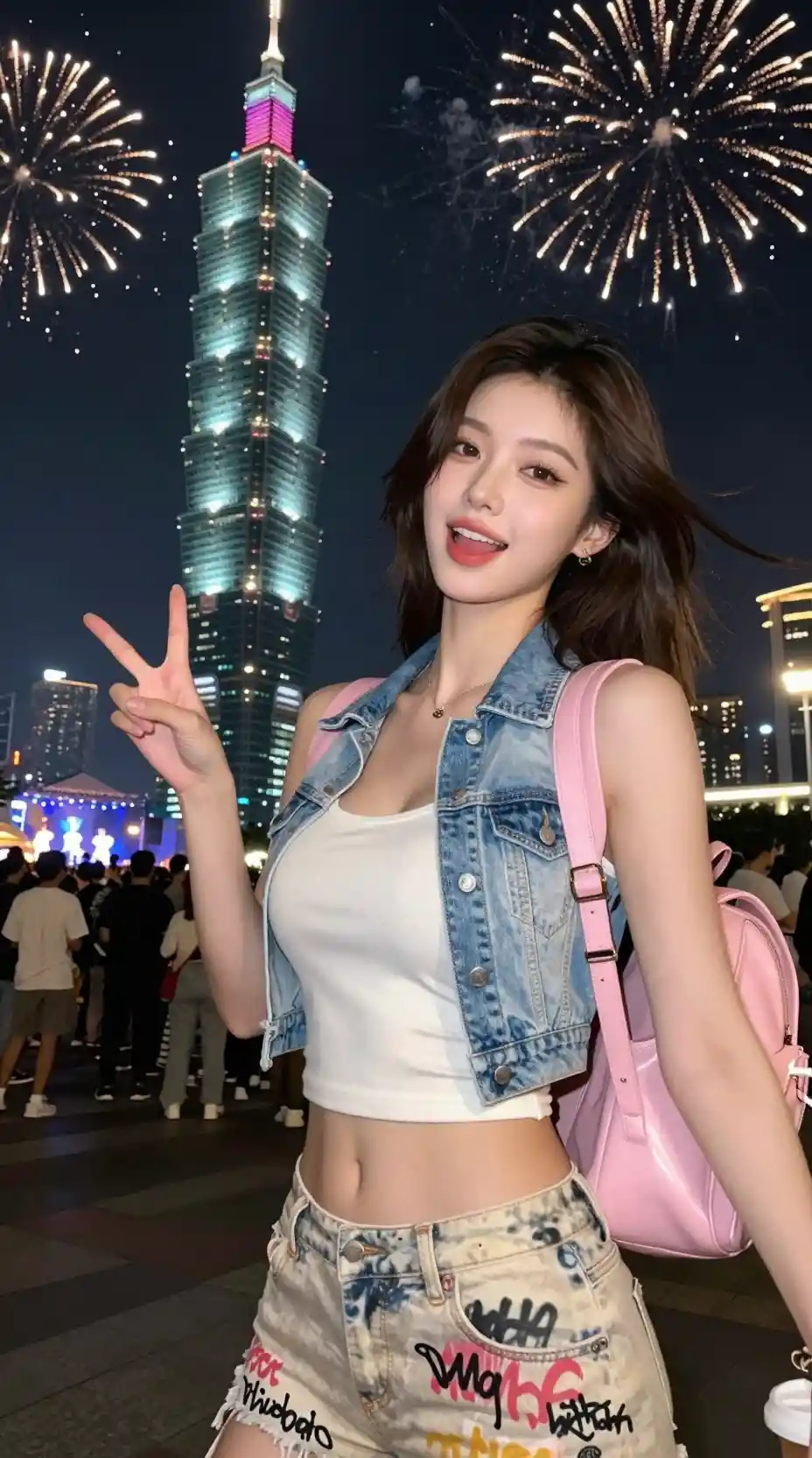 Korean woman taking a joyful selfie before Taipei 101 fireworks