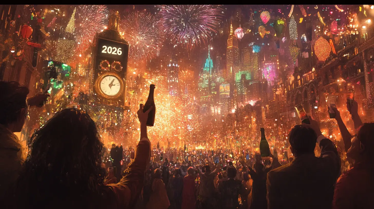 午夜城市天際線與新年煙火慶祝