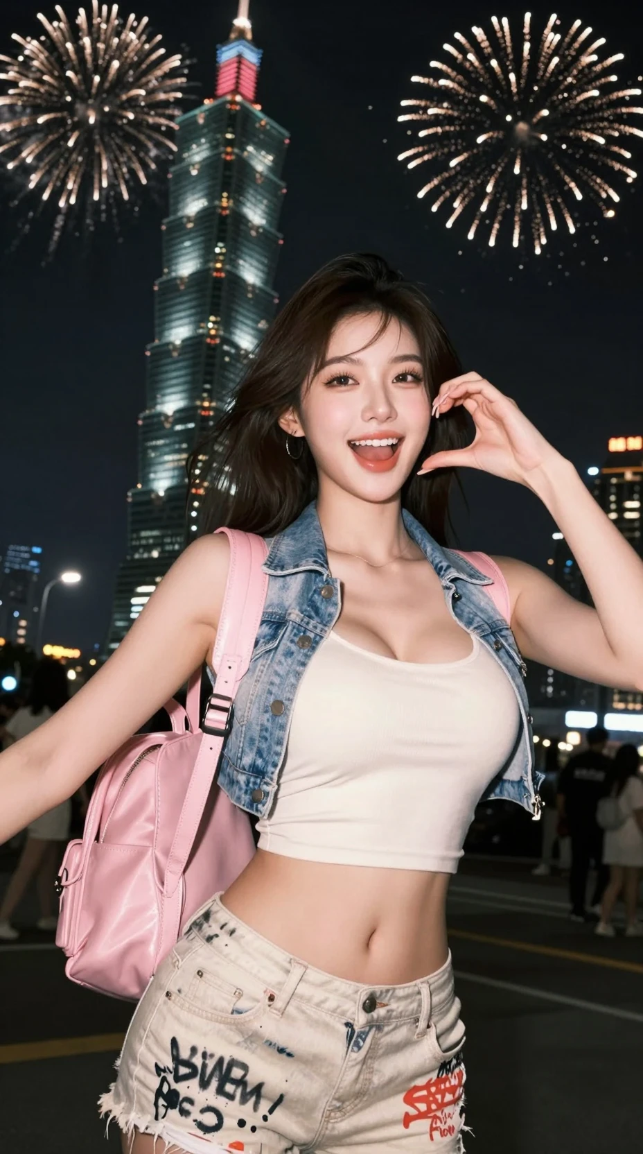 Mulher coreana empolgada faz selfie no Taipei 101 na véspera de Ano-Novo