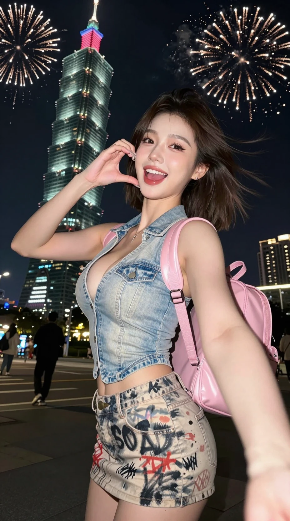 Selfie joyeux d’une femme coréenne devant les feux d’artifice du Taipei 101