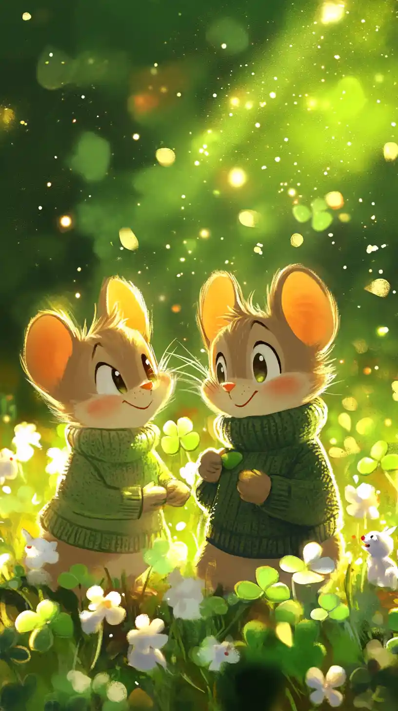 Divertido gato y ratón de caricatura en un prado de tréboles