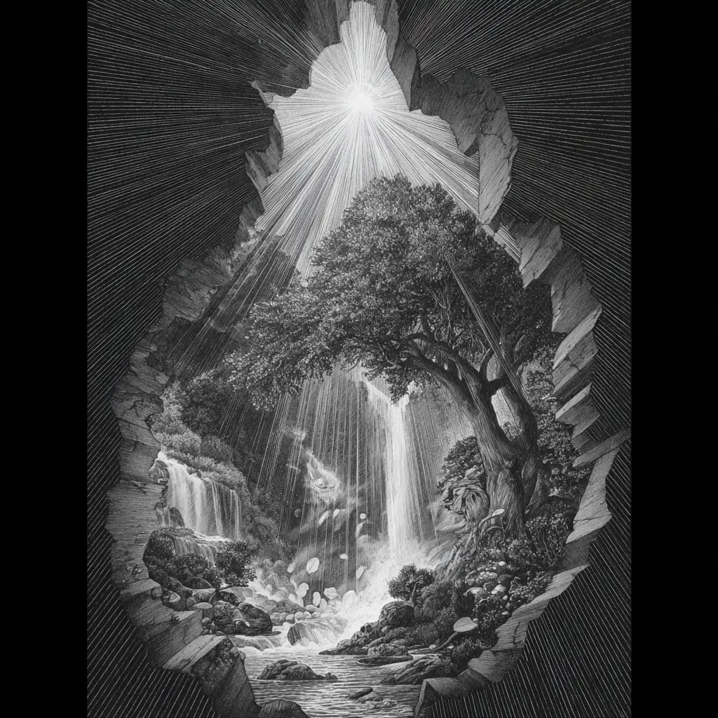 Surreal Graphite Diorama With Floating Waterfall And Forest