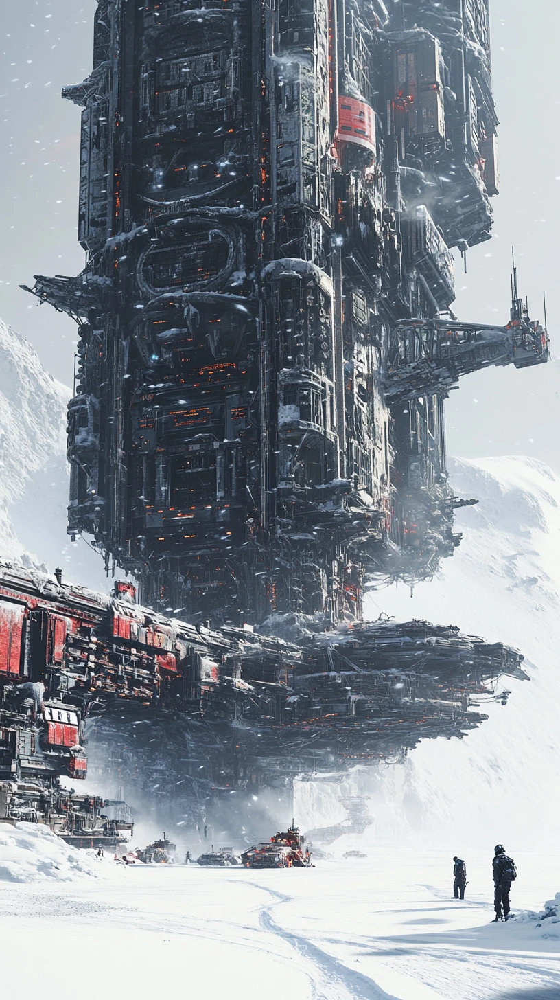 Kolossales Sci‑Fi-Raumschiff landet auf endloser gefrorener Ebene