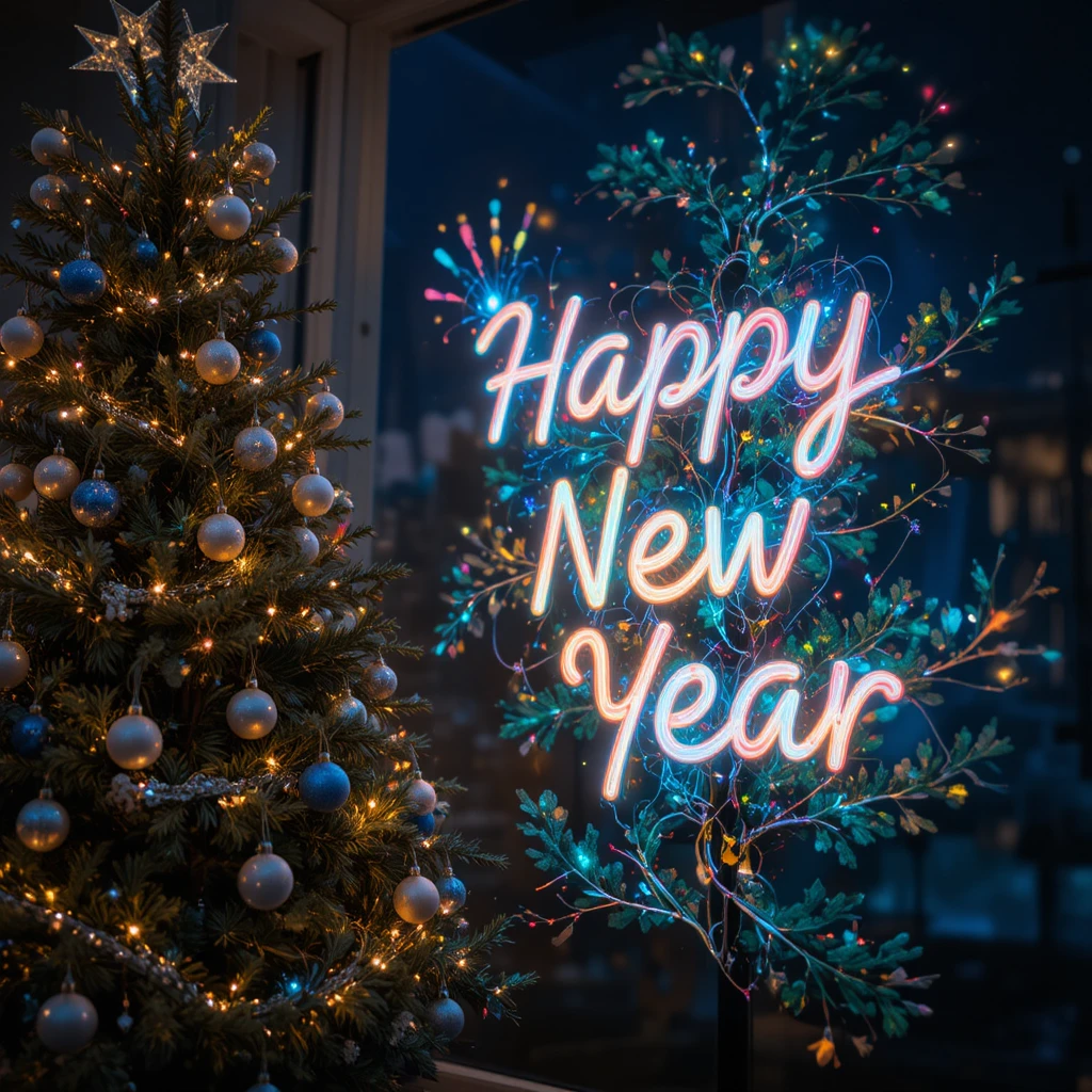 Leuchtender Weihnachtsbaum mit Lichtern und festlichen Ornamenten