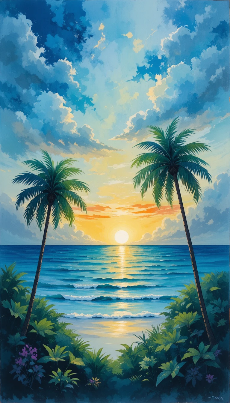 Paisagem marinha tropical impressionista ao pôr do sol com palmeiras