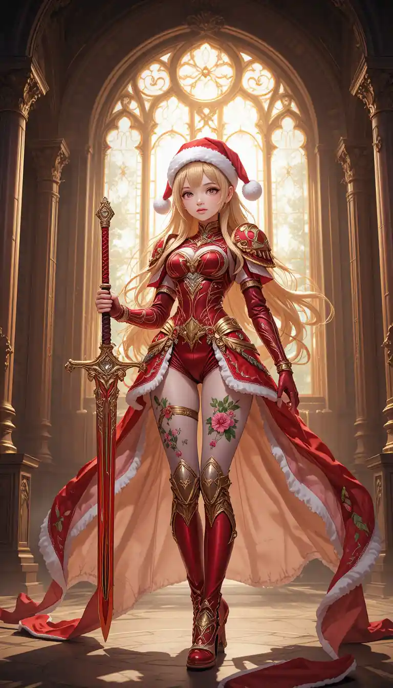 壮麗な城内の祝祭鎧をまとったアニメ女戦士
