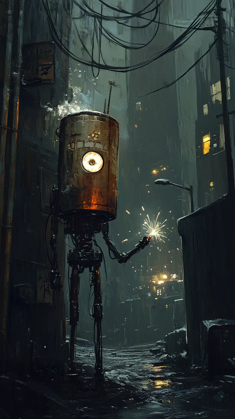 Lonely robot with drum in post apocalyptic junkyard night