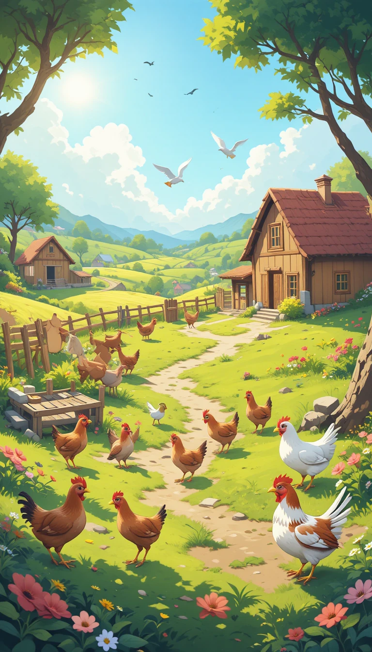 Fröhliches Cartoon-Dorf mit Bauernhoftieren im sanften Sonnenlicht