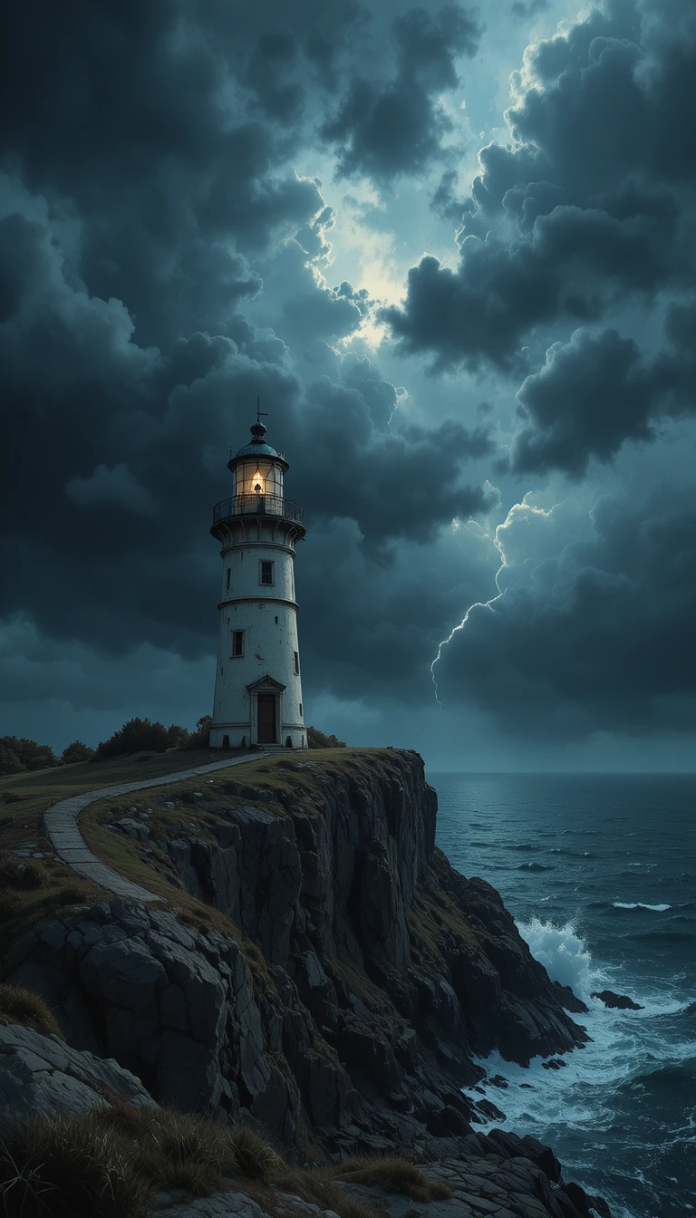 Stormy lighthouse beacon over a dark turbulent ocean
