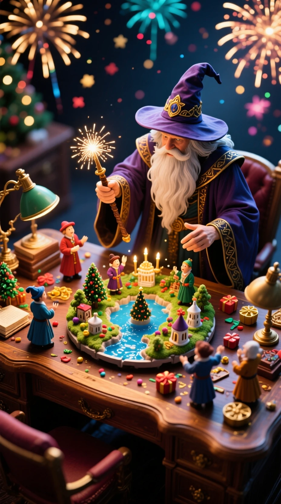 Great wizard overlooking a miniature new year world
