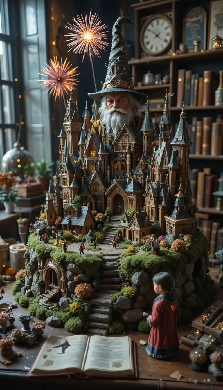 Monde fantastique miniature sur le bureau d’un sorcier au Nouvel An