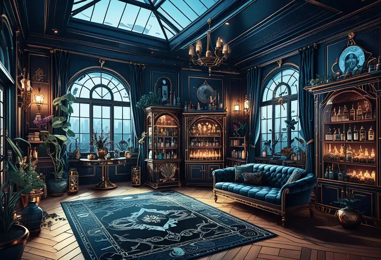 Luxurious solarium apothecary interior in dark jewel tones