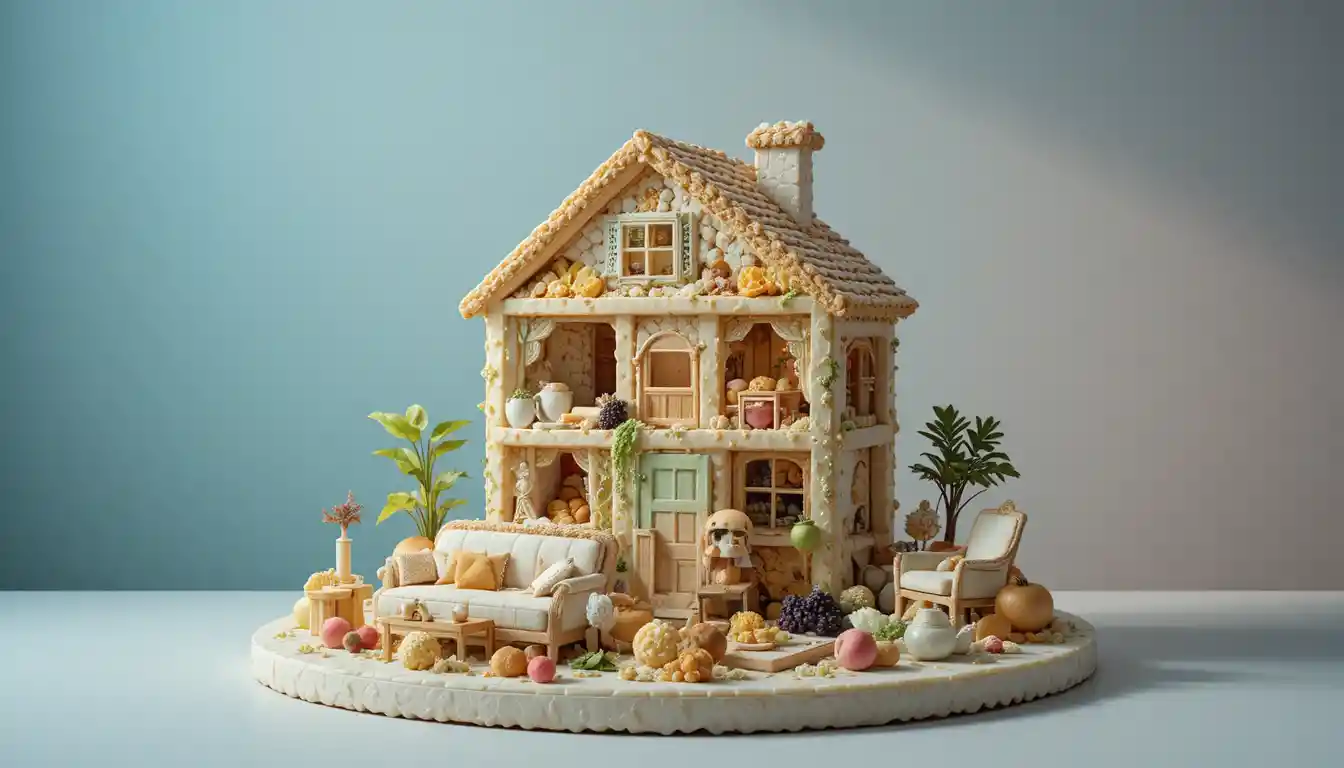 Minimalist food house sculpture on tabletop in soft light