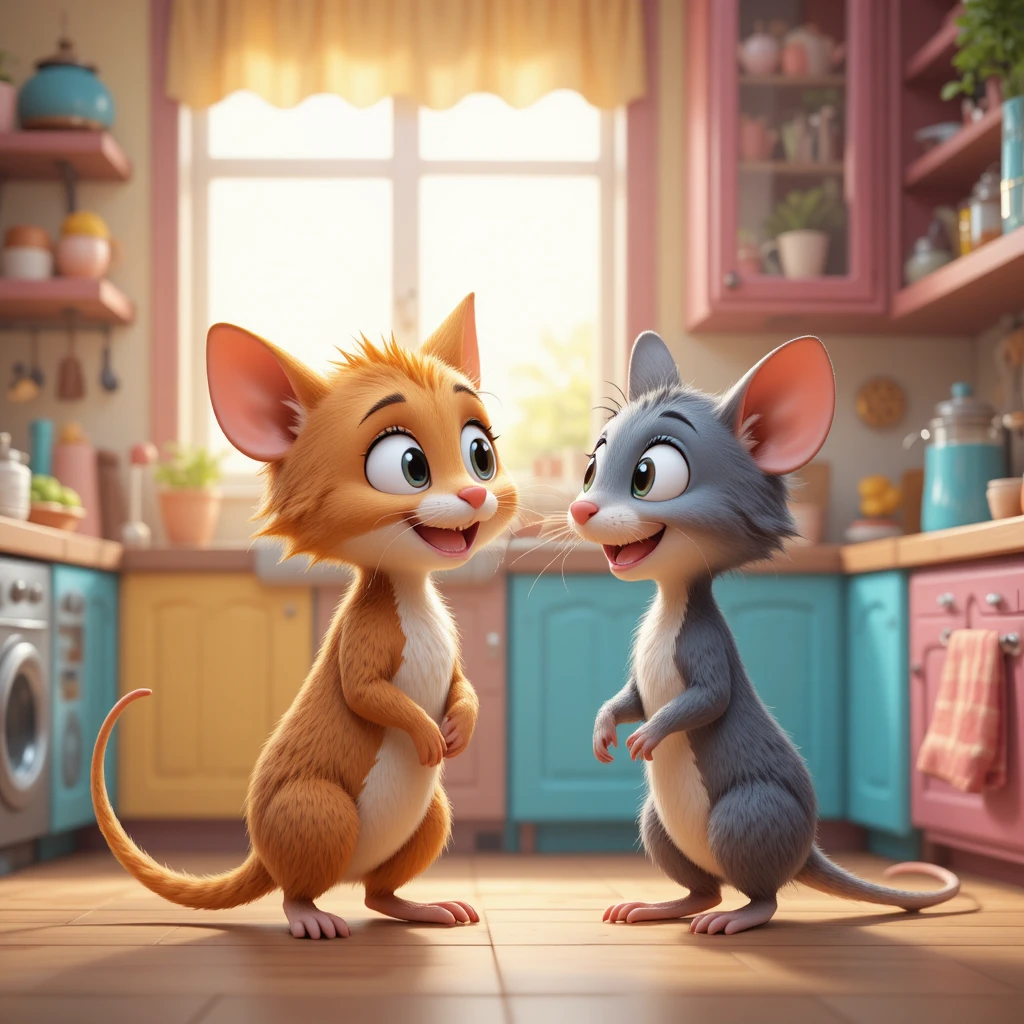 Gato e rato fofos em 3D estilo cartoon em uma cozinha colorida