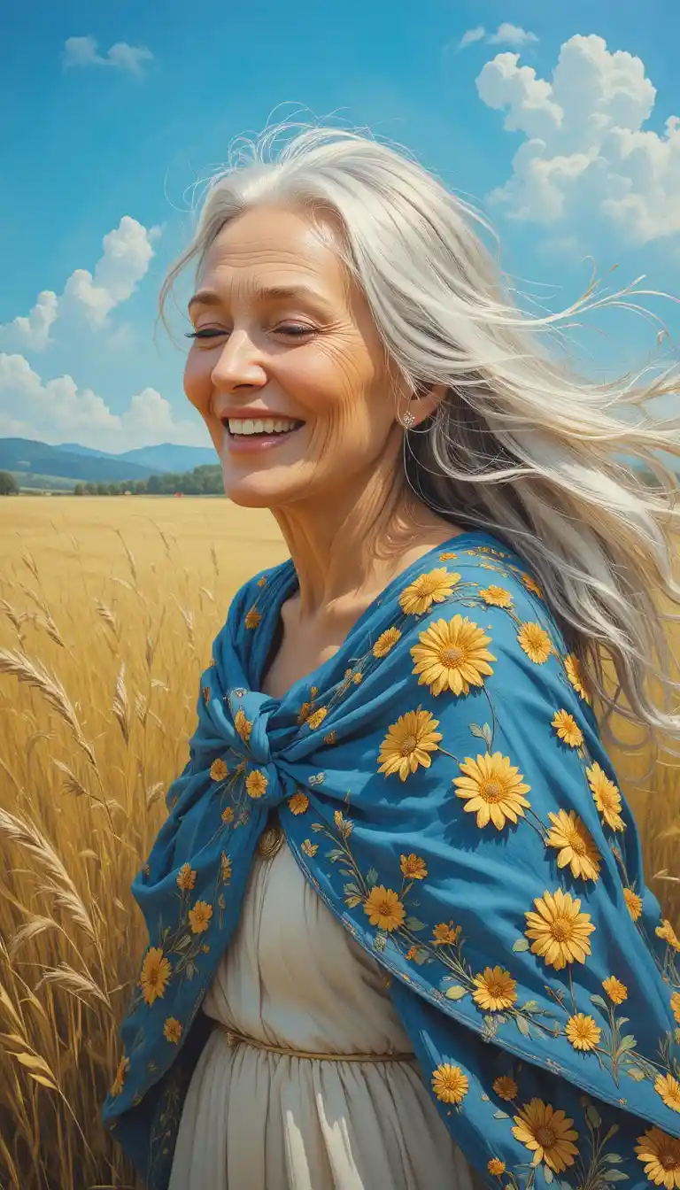 Laughing elderly woman in blue shawl in tall grass