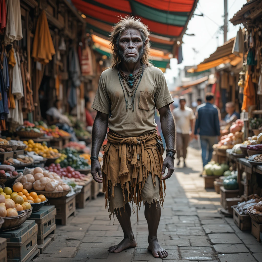 Figura de mono humanoide en un colorido mercado callejero