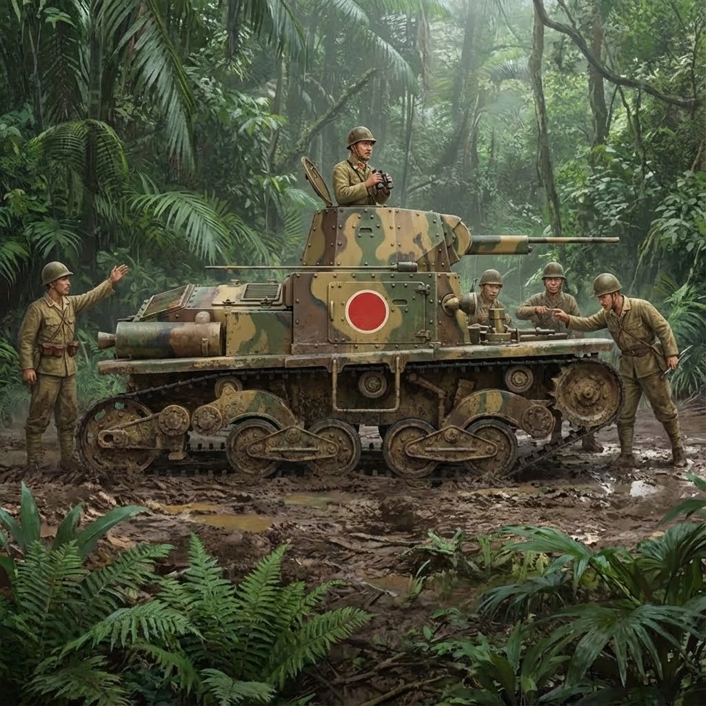 Tanque leve italiano em serviço japonês no campo de batalha na selva