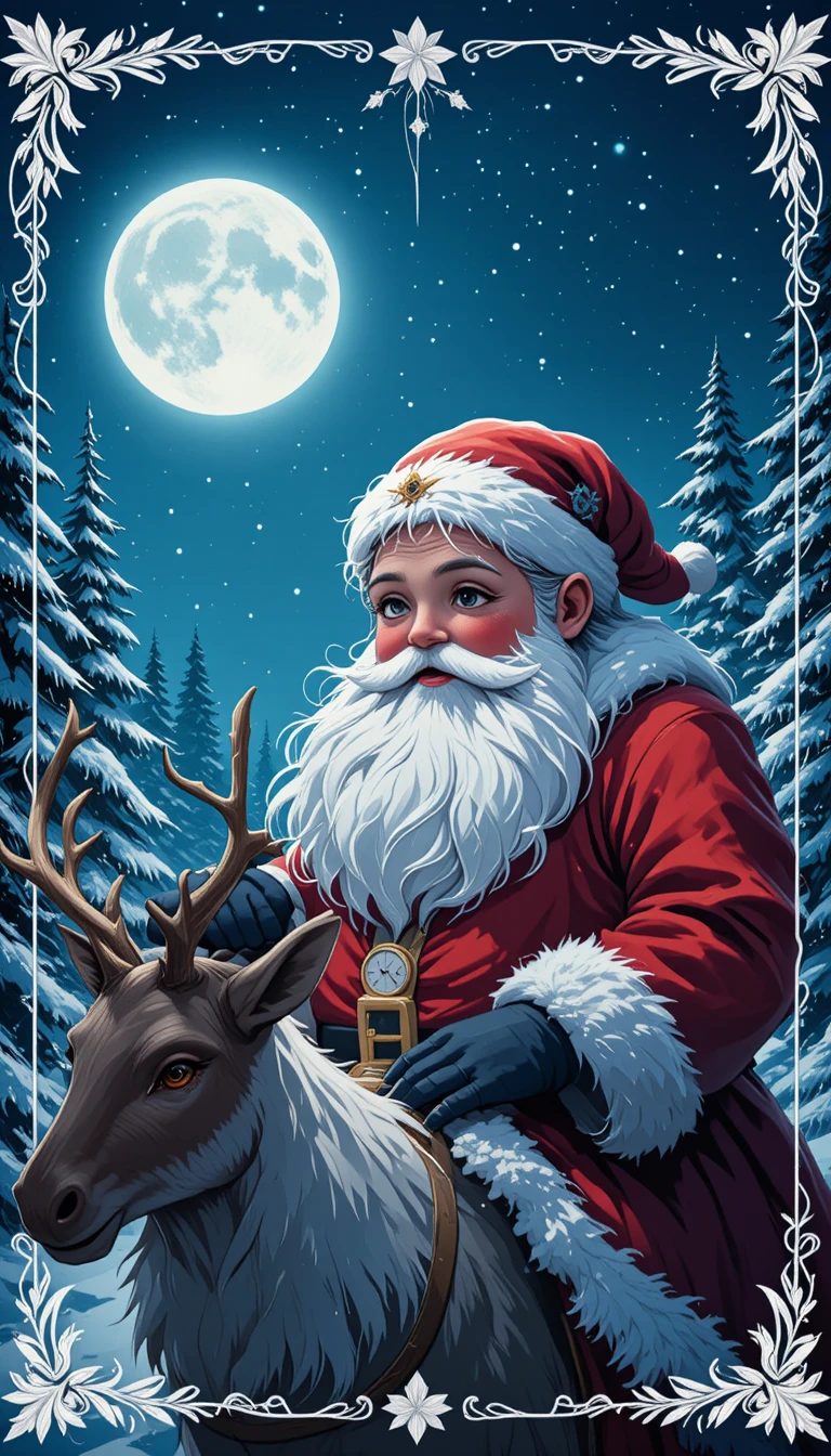 Santa Claus Riding A Reindeer Under A Bright Winter Moon