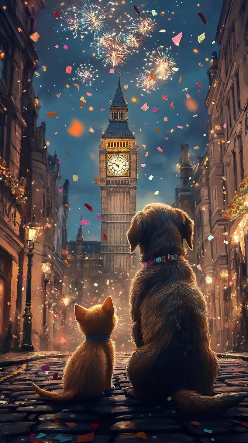 Dog and kitten watching fireworks on a London street