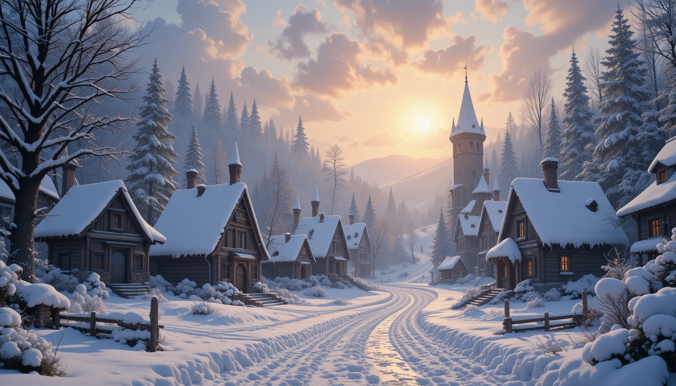 Snow covered fantasy village gate under a soft sinking sun