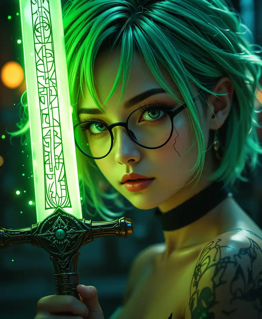Cyberpunk warrior woman with glowing rune greatsword