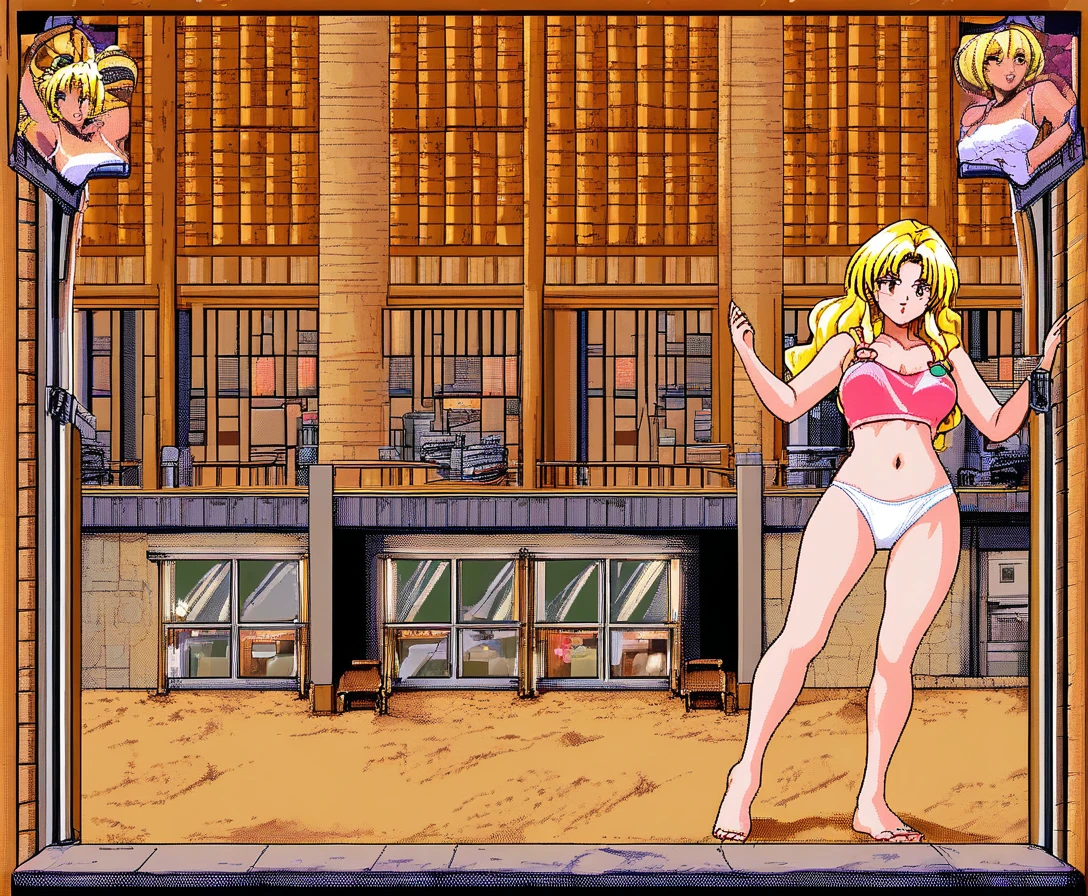 Ragazza anime sfacciata che posa nello schermo di gioco di un bar sulla spiaggia