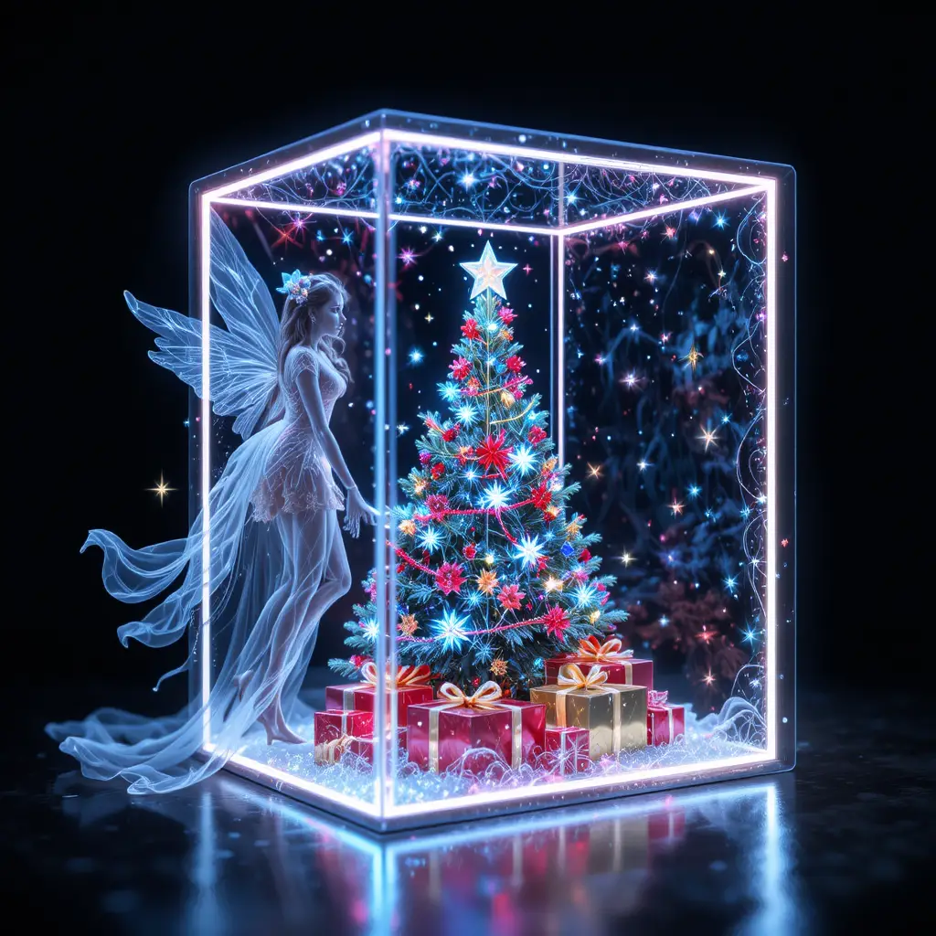 Contorno frattale al neon di un albero di Natale su sfondo scuro