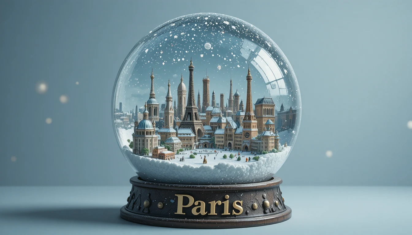 Realistic Paris snow globe with snowy city landmarks