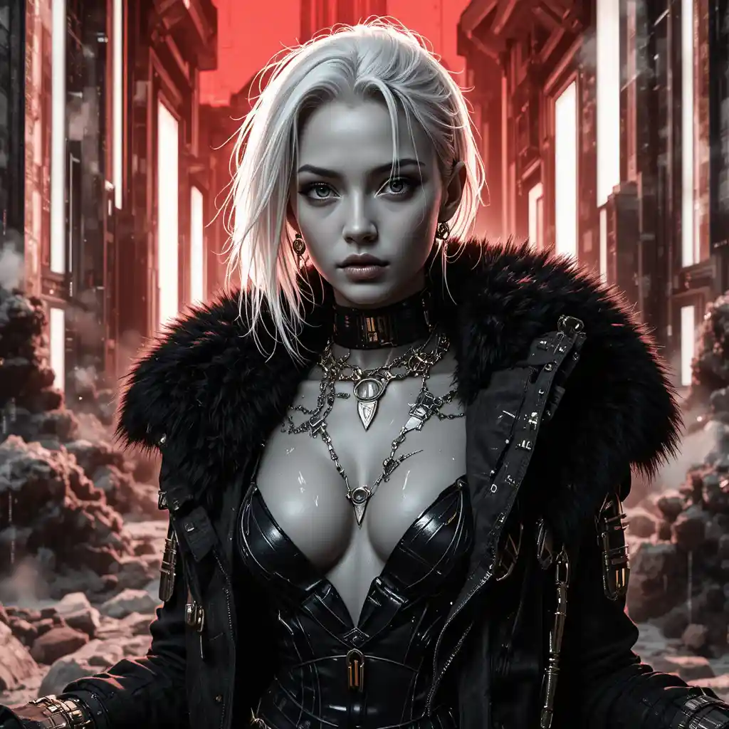 Futuristic heroine portrait with glitch tattoos and fur uniform