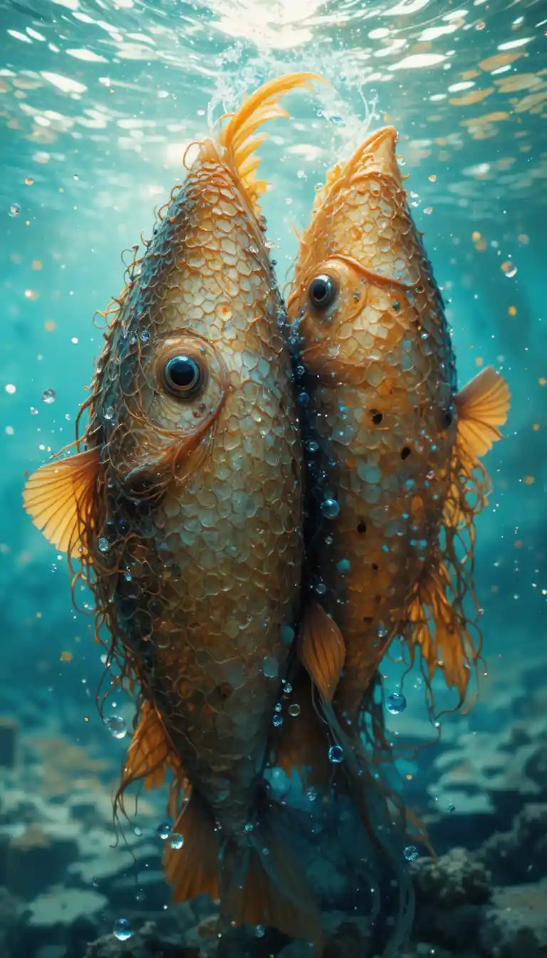 澄んだ川を一緒に泳ぐ二匹の小さな魚