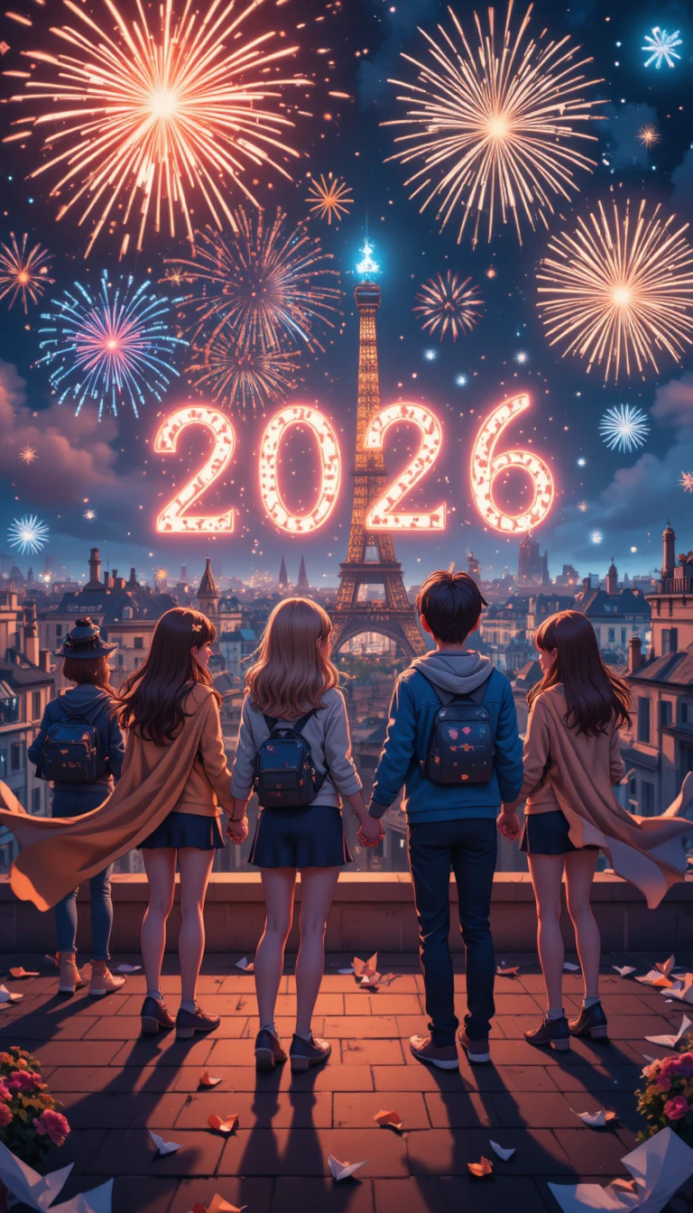 Freunde schauen Feuerwerk über einem stilisierten Pariser Dach