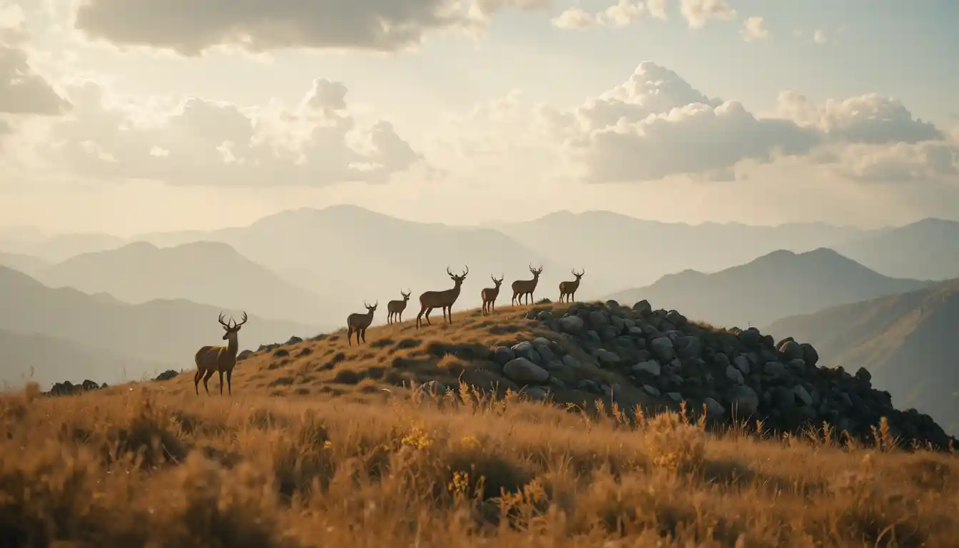 Cerfs sur une crête lointaine dans des prairies dorées