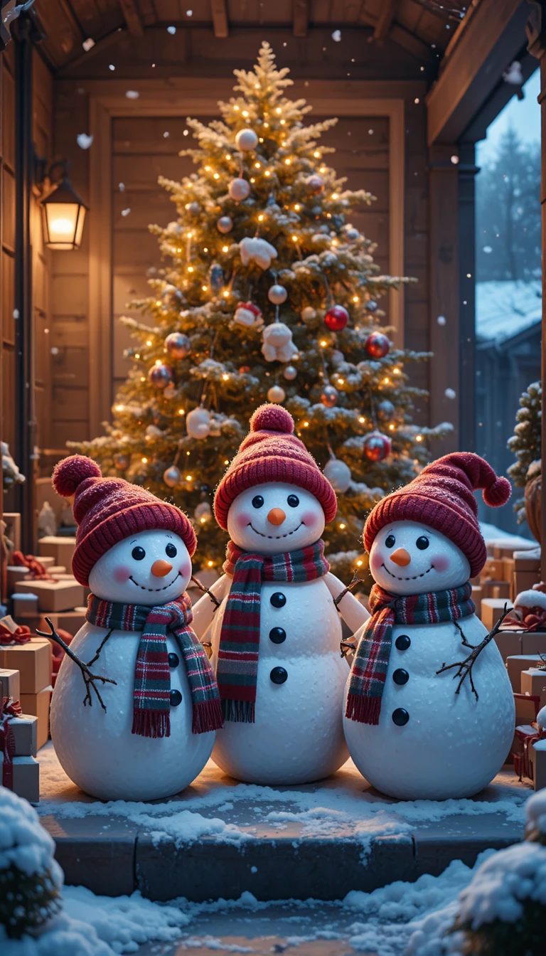 Cheerful Snowmen On Porch By Festive Christmas Tree