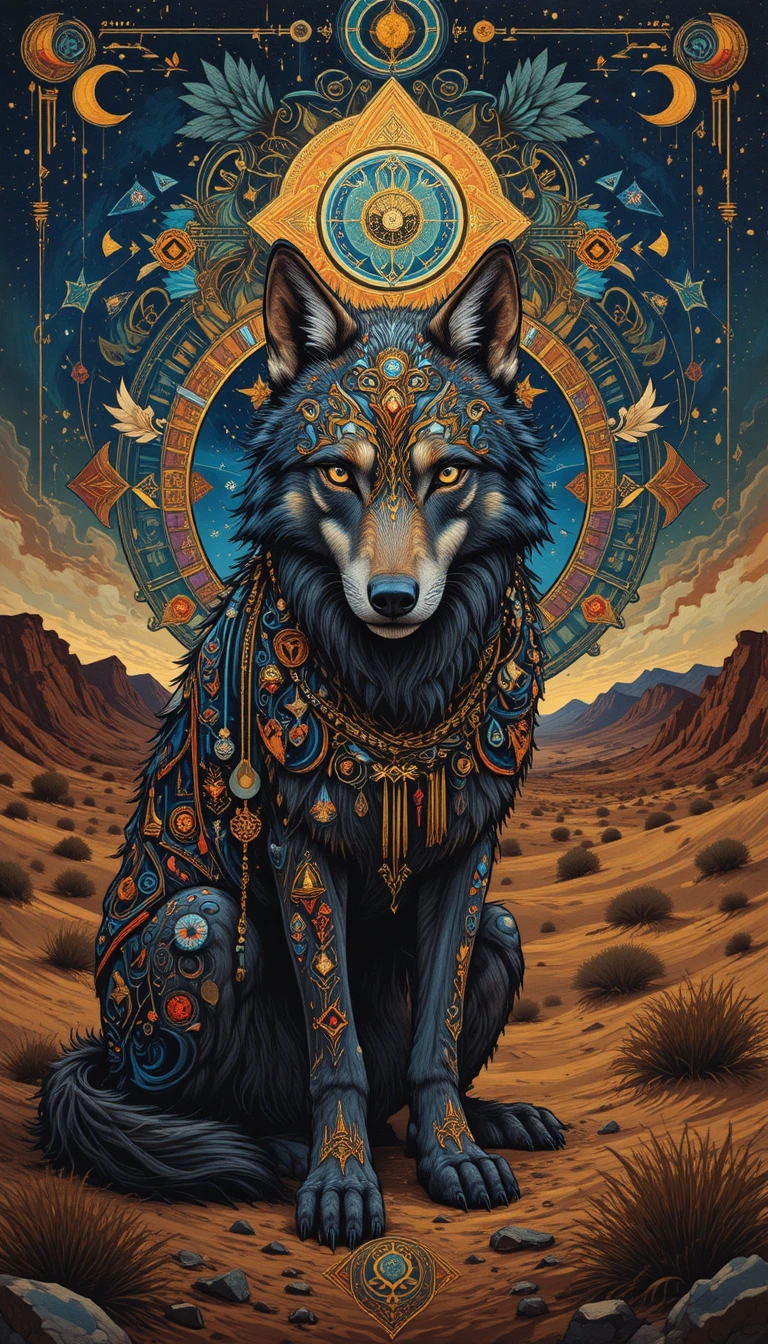 Lobo cercado por símbolos geométricos coloridos à noite