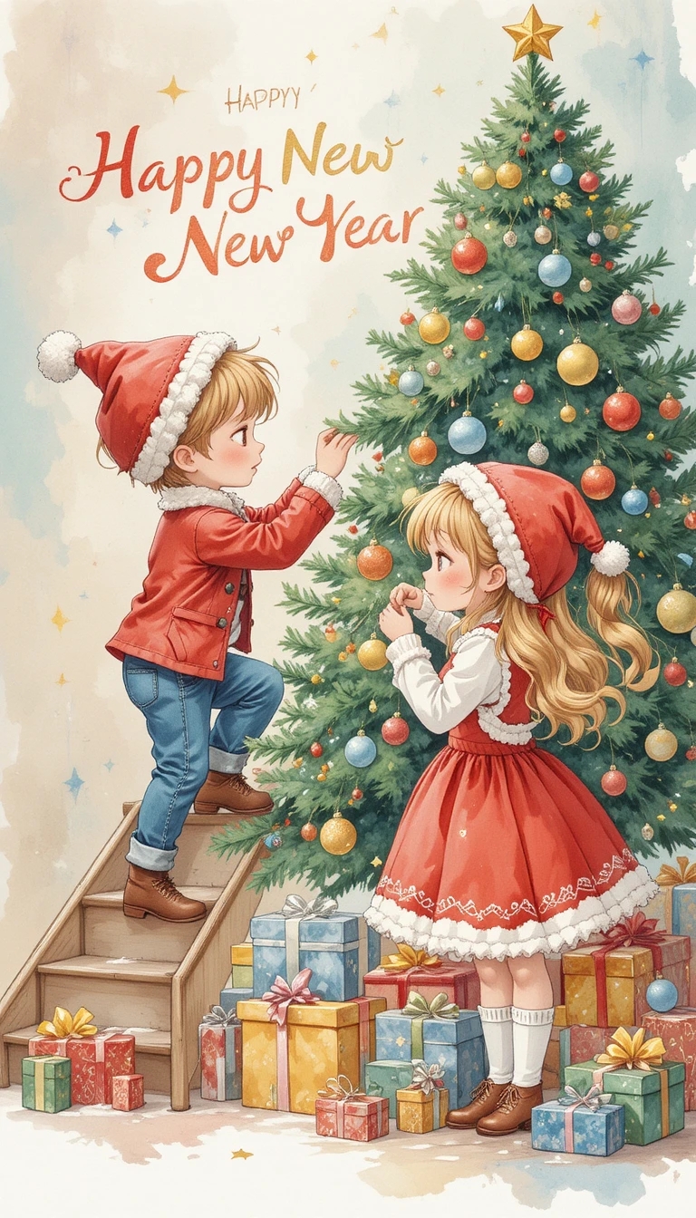 Enfants en aquarelle décorant un sapin de Noël festif