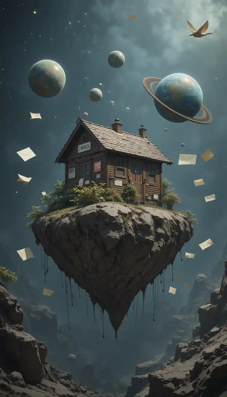 宙に浮かぶ郵便小屋とひらひら舞う封筒