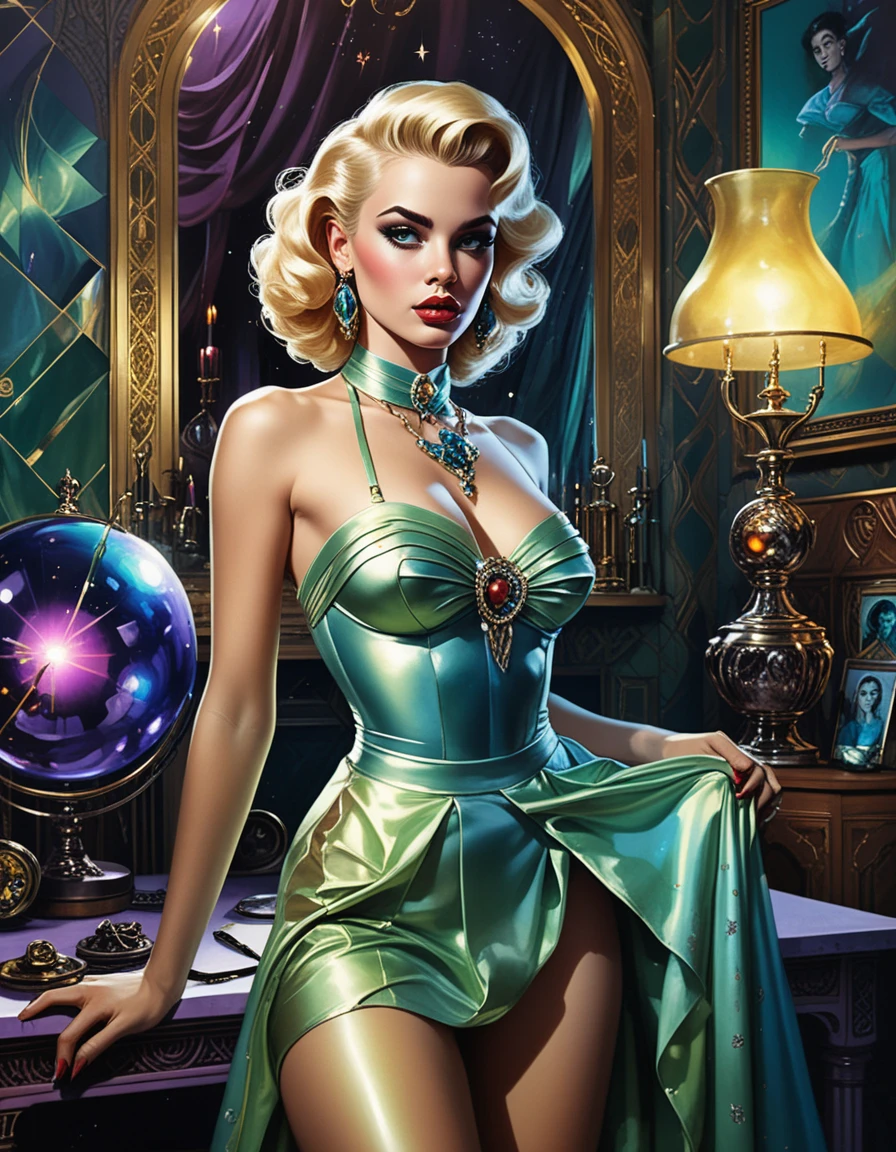 Sensuale pin-up bionda in una dimora oscura e opulenta
