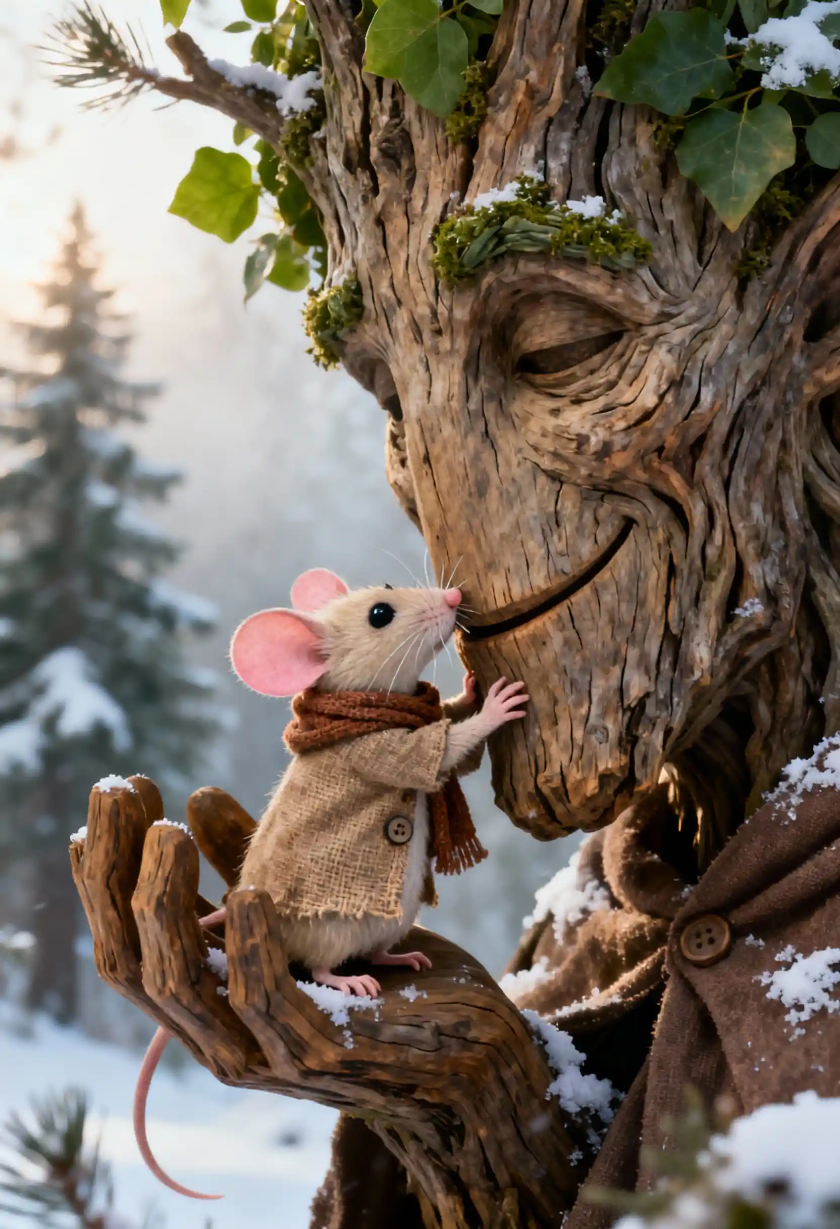 Tiny cloaked mouse embracing a gentle tree spirit