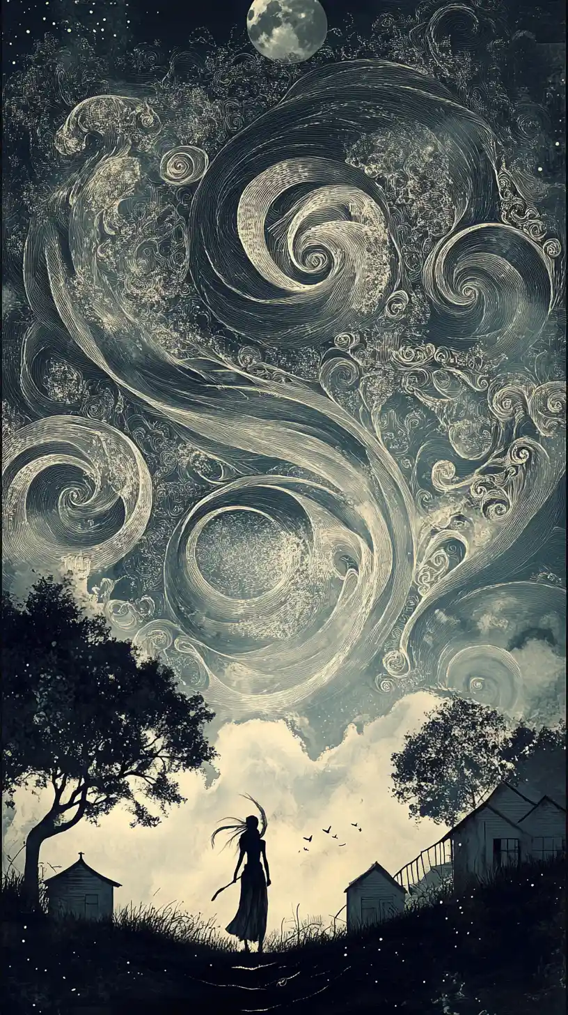 Shaman Walking Through Surreal Day And Night Landscape