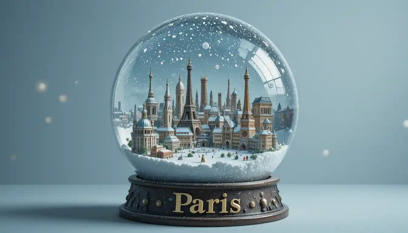 Realistic Paris snow globe with snowy city landmarks
