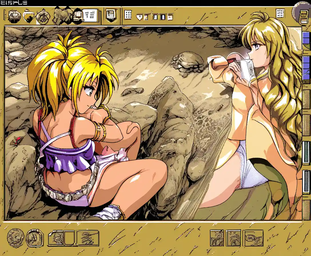 Blonde Anime-Frau schreibt eine Nachricht in einem Pixelart-Café am Strand