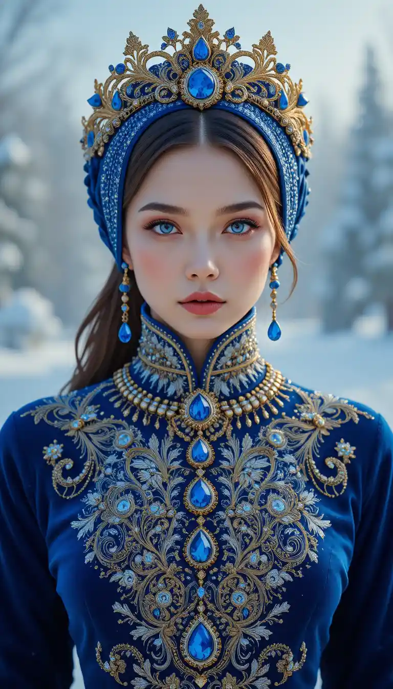 Doncella regia en terciopelo azul con tiara de joyas en la nieve