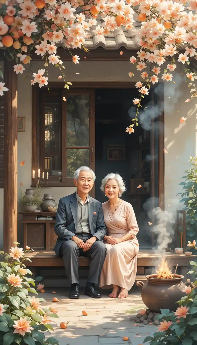 Elderly couple on a porch with falling apricot blossoms
